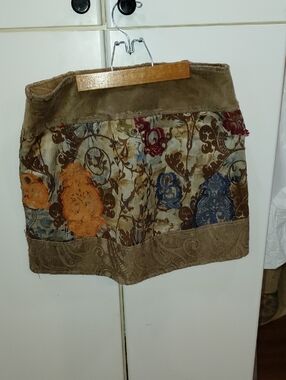 Save The Queen Multicolor Velvet Patchwork Mini Skirt with Earthy Trim